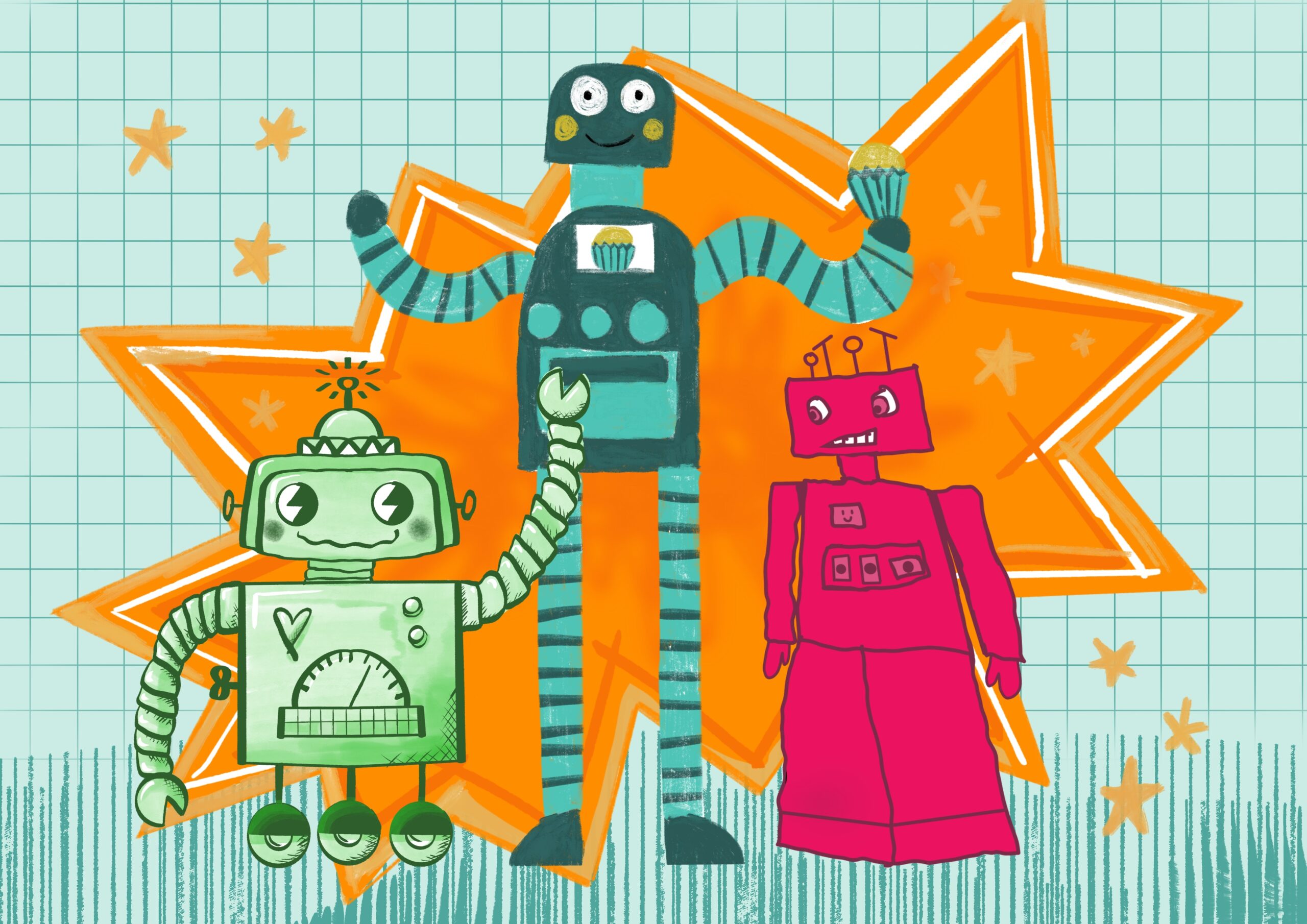Roboter_V1 Digitale comichafte Zeichnung dreier Roboter