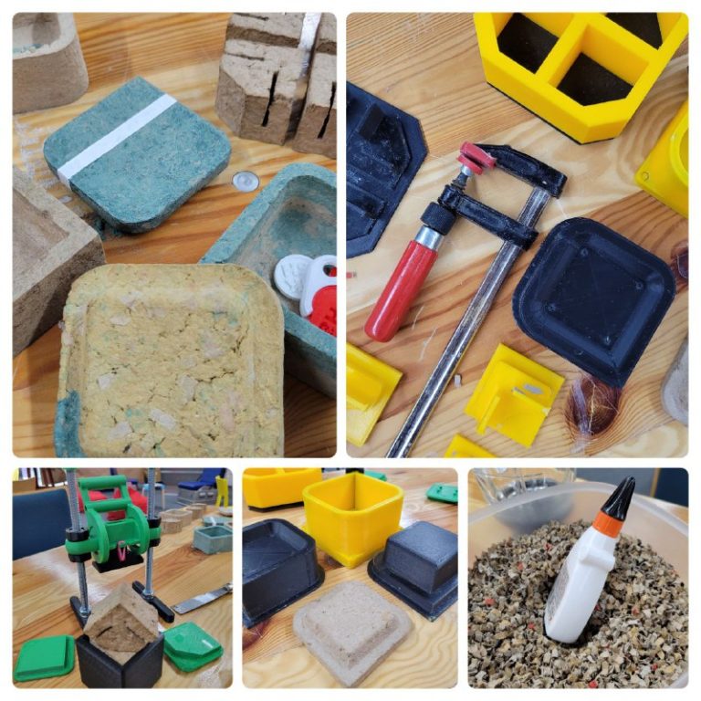 Collage aus Fotos mit 3D-gedruckten Werkzeugen zur Pulp-It-Pappmaché-Presse