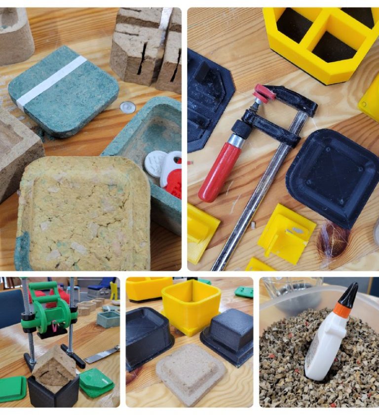 Collage aus Fotos mit 3D-gedruckten Werkzeugen zur Pulp-It-Pappmaché-Presse